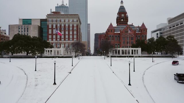 Snow Covered Street at Dealey Plaza in Dallas, Texas