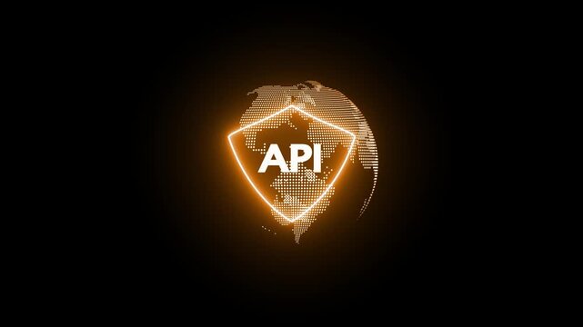 An Orange Neon Shield with the Acronym API Centered Over a Dotted Globe Illustrating Global Application Programming Interface Connectivity and Integration Keywords: API, application programming