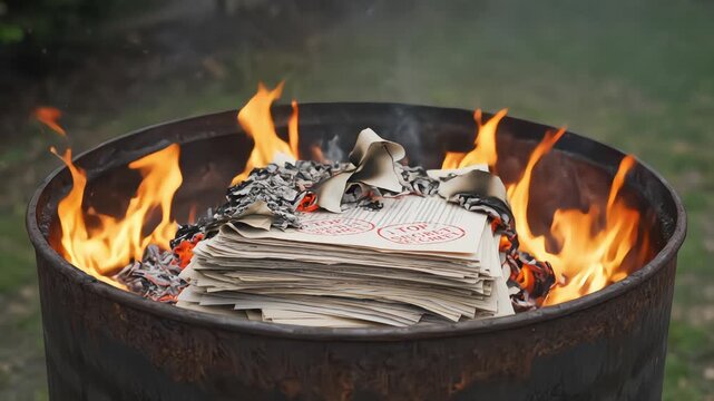Burning stack of top secret classified documents with red stamps inside a rusted metal barrel outdoors