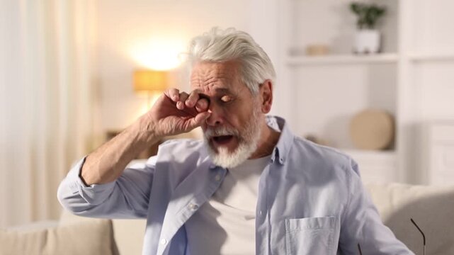 Unhappy senior man with book feeling fatigue at home