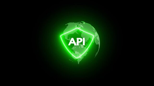 Glowing green neon shield with API text and dotted globe on a dark black background representing digital connection and data security