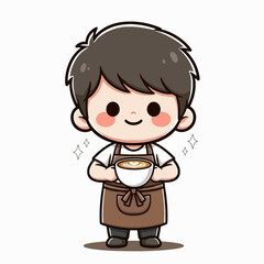 Obraz premium Cute Barista Boy Holding Coffee Cup Adorable Cartoon Character.