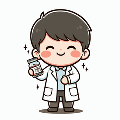 Cute Cartoon Doctor Holding Medicine Bottle.