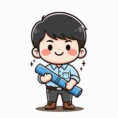 Obraz premium Cute Cartoon Boy Holding Rolled Blue Document with Sparkles.