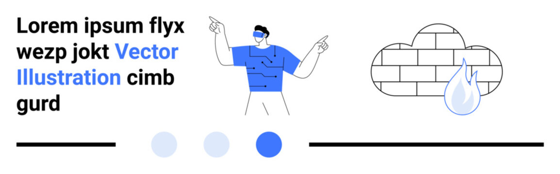 Tech-savvy individual gestures amidst circuits, cloud with water droplet, and modern elements. Ideal for technology, innovation, cloud computing, education, creativity, data-centric simple landing