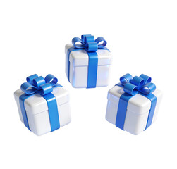 Three white gift boxes with blue satin ribbons and bows, isolated on white background. Representing celebration, holidays, and gifting concepts.