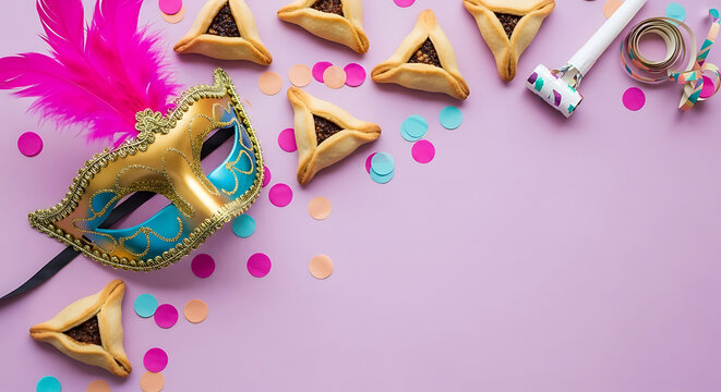 Colorful party scene with gold mask and hamantaschen cookies on purple background celebration