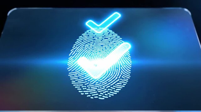 A glowing blue fingerprint on a dark background with a white border