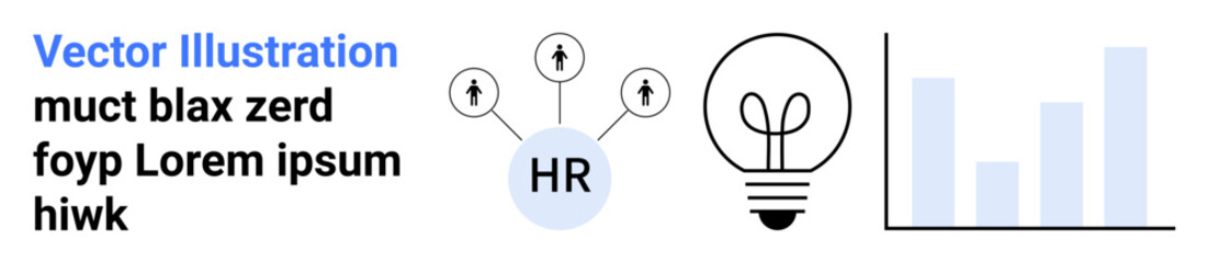 Obraz premium Business development, HR solutions, innovation, teamwork, decision-making, analytics. HR network with arrows, lightbulb and bar chart. Business development and HR solutions concept