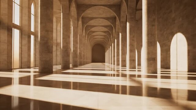 Architectural Interior with Columns and Arches, Light Reflections