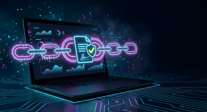 blockchain technology and digital smart contract on laptop screen with glowing neon chain and shield icon for secure data encryption and decentralized network cybersecurity
