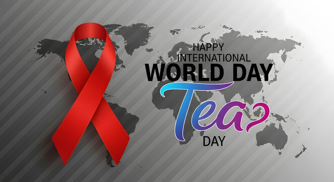 A red ribbon and world map highlight the celebration of Happy International World Tea Day.