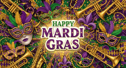 Naklejka premium Colorful Mardi Gras celebration with masks and brass instruments background purple