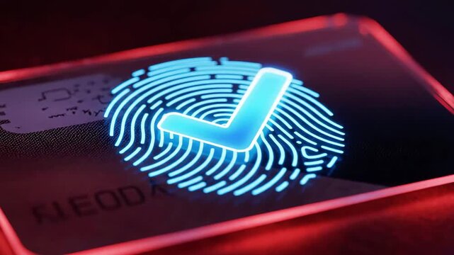 A glowing blue fingerprint with a checkmark at its center, surrounded by lightning-like lines and set against a dark background with red borders and gold sparks