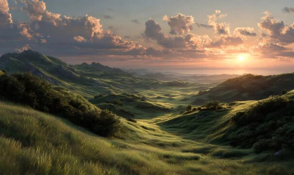 Rolling green hills and valleys bathed in warm sunlight during a peaceful sunset, evoking tranquility and natural beauty