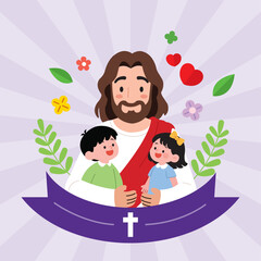 예수님, 어린이, 십자가, 성경학교, 교회, 예배, 여름성경학교, 겨울성경학교, 성경퀴즈, 공과공부, 전도, 설교, 신앙, 믿음, 주일, 부활절, 감사예배, 맥추절, 성경말씀, 신앙교육, 따뜻한 일러스트, 벡터
