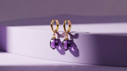 Elegant golden hoop earrings with amethyst gemstones are showcased against a soft monochromatic purple background