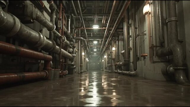 Industrial corridor with metallic pipes and dim lighting