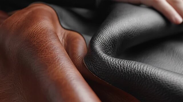Close Up Of Hands Touching Two Different Types Of Leather Showing Texture And Color Variation