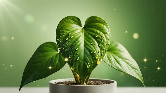 Lush green plant in a pot with heart-shaped leaves being watered creating a tranquil nature scene