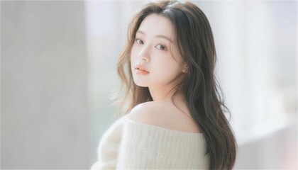 Naklejka premium 白いニットを着て振り返る美しいロングヘアの女性