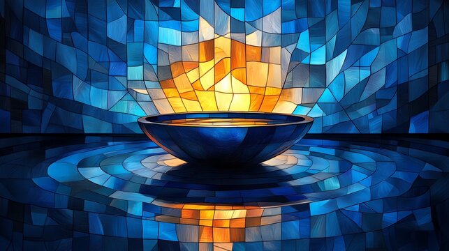 Stained glass window panel featuring a symbolic baptismal font as a glass basin, abstract gold shapes