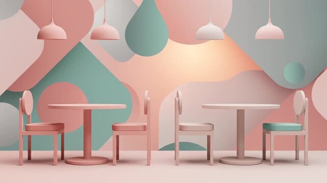 Pastel cafe interior 3d render animation featuring chairs and tables in a minimalist style