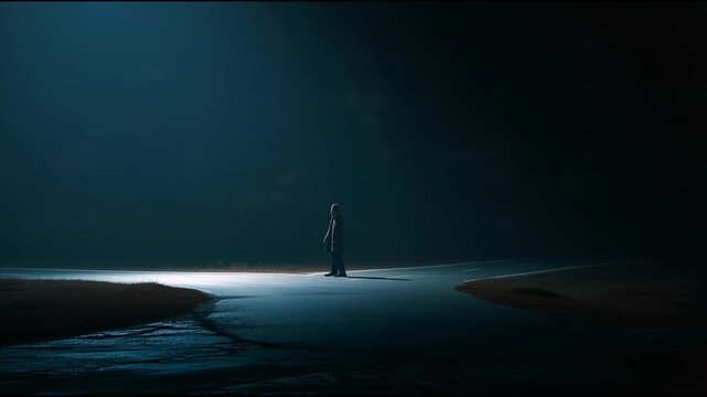 Mysterious Figure Walking on a Dark, Foggy Road at Night.