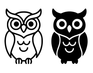Fototapeta premium Cute owl illustration icon, black and white in outline and silhouette style
