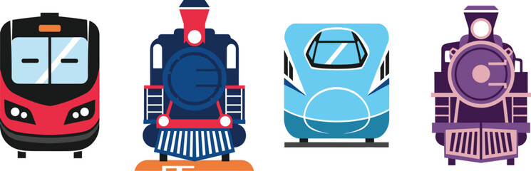 Train front view icons set, modern and vintage locomotives, railway transport collection, flat vector illustration isolated on white © Itz Marjia