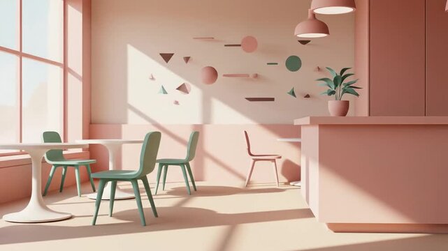 Aesthetic and calming cafe interior design with pastel color palette and minimalist decor,