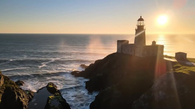 Coastal lighthouse stands tall as sunlight illuminates the horizon, creating a picturesque seascape at dawn