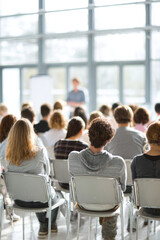 Fototapeta premium Education training class. Knowledge learning improvement study. A group of people seated in chairs in a room with large glass windows. The floor is visible at the bottom of the image.
