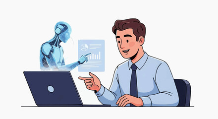 A cartoon man sitting at a desk with a laptop and interacting with a robot