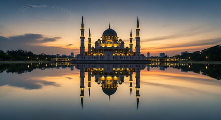Fototapeta premium Grand mosque reflected in lake at sunset