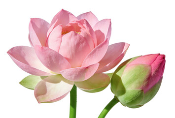Fototapeta premium Pink lotus flower with open bloom and unopened bud, isolated on white background. Symbolizes purity and tranquility in nature and botany.