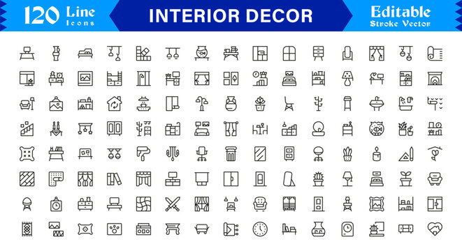 Professional Interior Decor Line Icon Set with Modern Minimal Design, Editable Pixel Perfect Vector Collection Featuring Home Styling and Decoration Elements