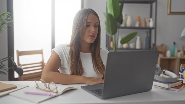 Young woman at laptop in home studio gasps with hand over mouth and wide eyes, notebook and glasses on desk beside headphones; surprise curiosity.