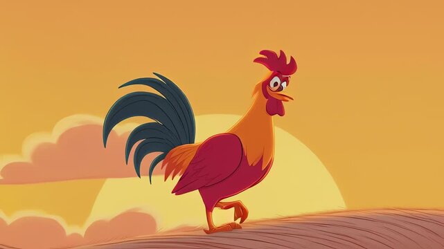Cartoon Rooster Walking at Golden Sunrise