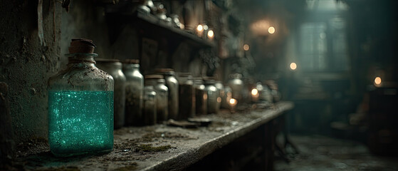 Obraz premium Eerie Alchemists Shelf Glowing Potions and Dusty Jars in Dim Light.