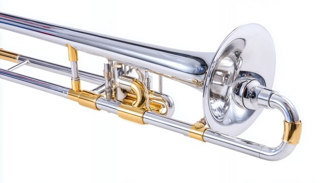 A shiny silver trombone with gold accents and extended slide