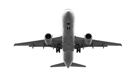 Commercial airplane flying directly overhead isolated on transparent background