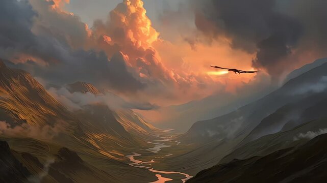 Majestic Fantasy Dragon Flying Over Mountain Canyon Breathing Fire