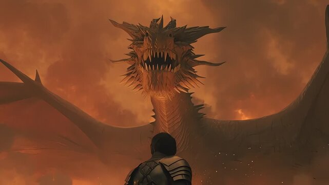 Epic confrontation between knight and monstrous dragon over a ruined city