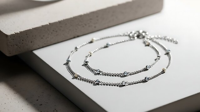 Two delicate silver anklets with pearl accents are displayed on a textured white surface showing fine jewelry