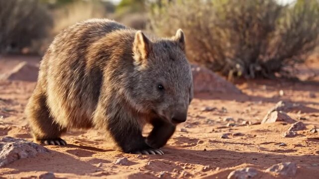 Cute wombat foraging in the Australian outback on a sunny day searching for food in its natural habitat