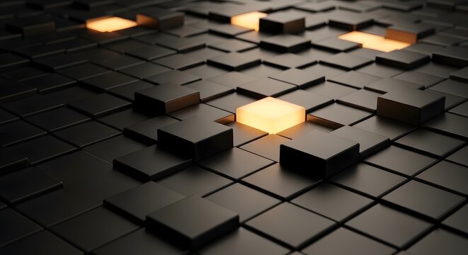 A 3d render of a glowing gold cube symbol featuring a glittering metallic texture and digital geometric design for a modern business technology concept