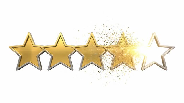 Three Golden Stars Exploding Glitter Isolated On White Background For Rating And Feedback