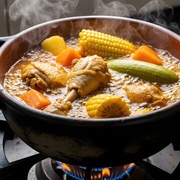 Sancocho de Gallina Recipe: Hearty Traditional Chicken Stew with Yuca, Corn, and Plantains Simmering
