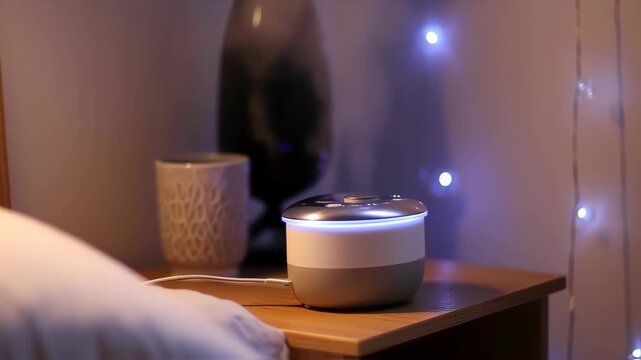 humidifier on table, soft bedroom lighting